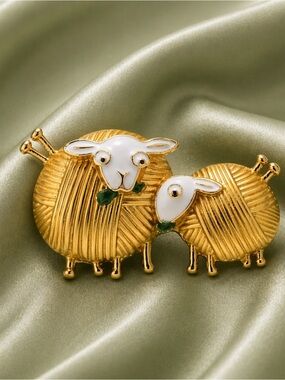 Cute Gold Sheep Duo Enamel Brooch